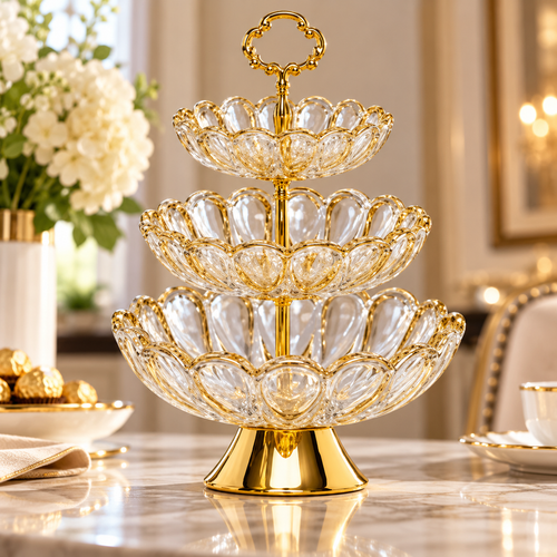 Modern Scalloped Glass Serving Tray with Gold Metal Stand