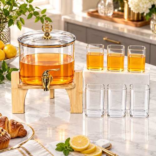 Beverage Dispenser with Wooden Stand & Glasses 8 Piece Set