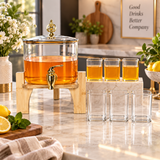 Beverage Dispenser with Wooden Stand & Glasses 8 Piece Set