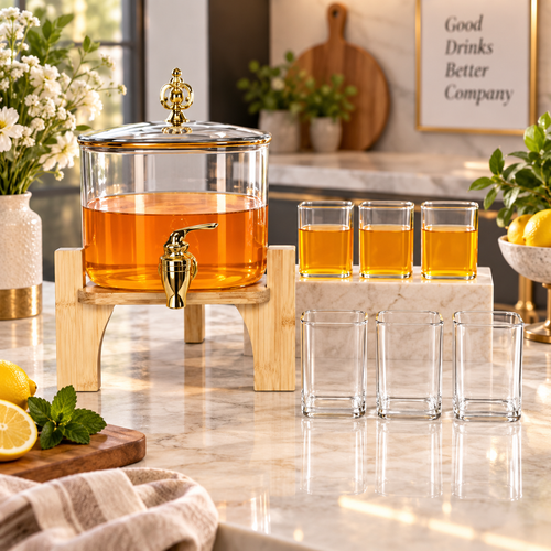 Beverage Dispenser with Wooden Stand & Glasses 8 Piece Set