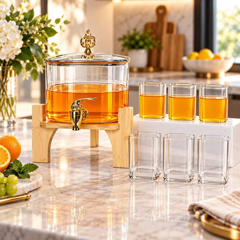 Beverage Dispenser with Wooden Stand & Glasses 8 Piece Set