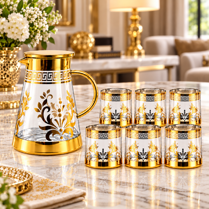 Modern Gold Print Glassware Set 7 Piece