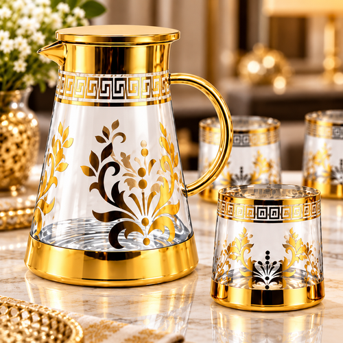 Modern Gold Print Glassware Set 7 Piece