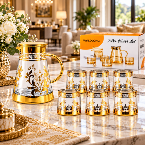 Modern Gold Print Glassware Set 7 Piece
