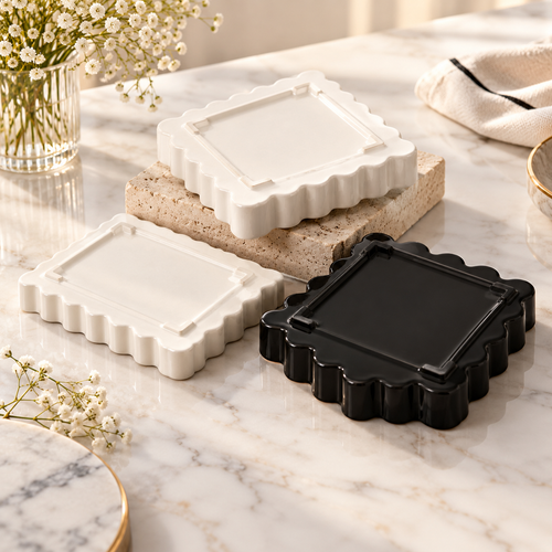 Scalloped Ceramic Biscuit Plate & Trinket Tray Set