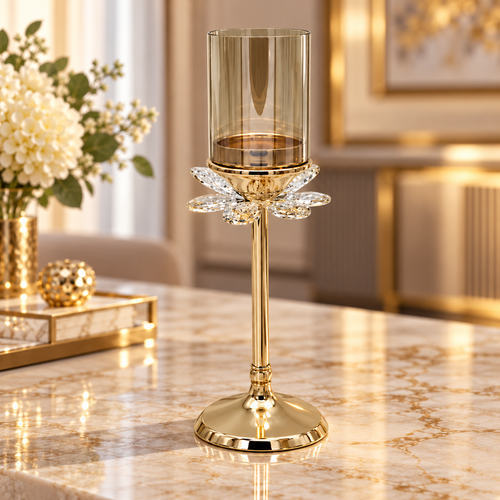 Modern Gold & Amber Glass Candle Stand