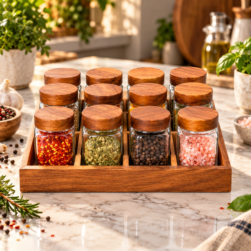 Modern Wooden & Glass Spice Jar Set 13 Piece