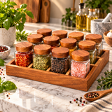 Modern Wooden & Glass Spice Jar Set 13 Piece