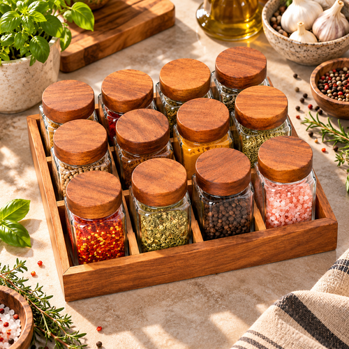 Modern Wooden & Glass Spice Jar Set 13 Piece