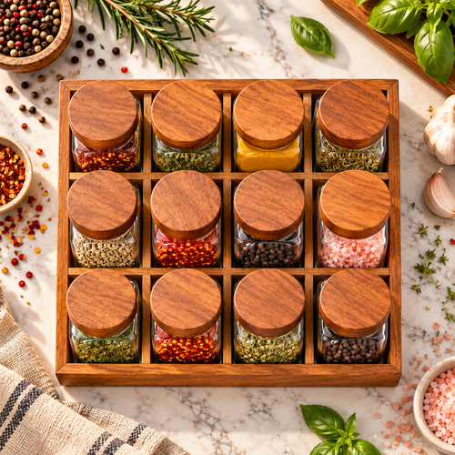 Modern Wooden & Glass Spice Jar Set 13 Piece