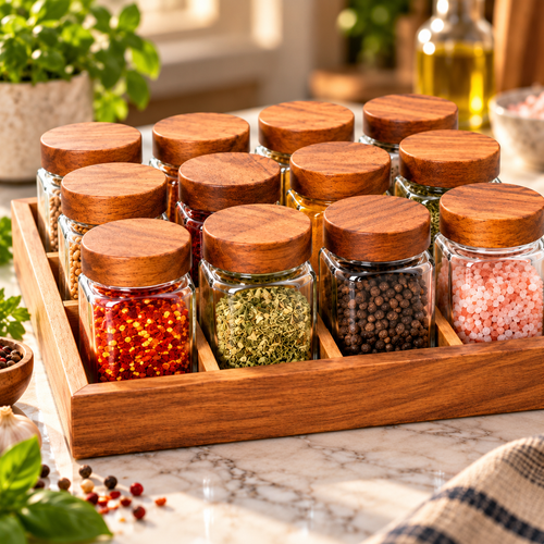 Modern Wooden & Glass Spice Jar Set 13 Piece