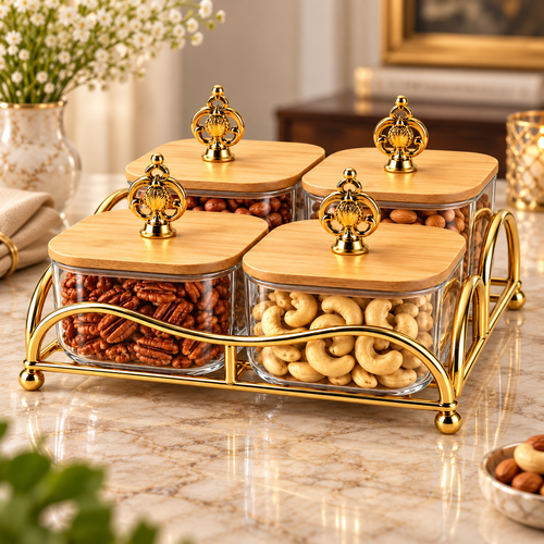 Modern Glass Dry Fruit Canister with Gold Tray 5 Piece Set