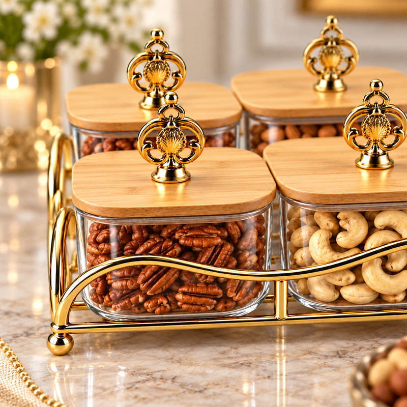 Modern Glass Dry Fruit Canister with Gold Tray 5 Piece Set