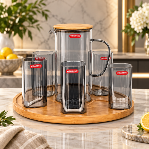 Modern Charcoal Tinted Glass Jug and Glass Set 8 Piece