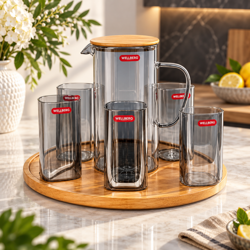 Modern Charcoal Tinted Glass Jug and Glass Set 8 Piece