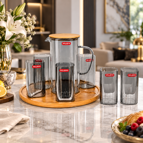 Modern Charcoal Tinted Glass Jug and Glass Set 8 Piece