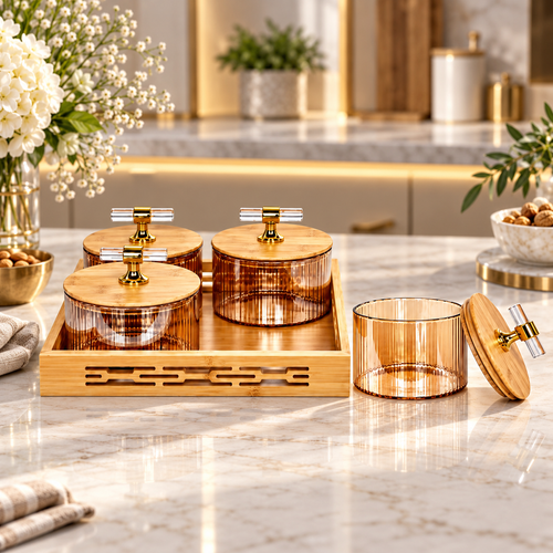 5 Piece Amber Glass Storage & Serving Tray Set