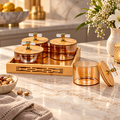 5 Piece Amber Glass Storage & Serving Tray Set
