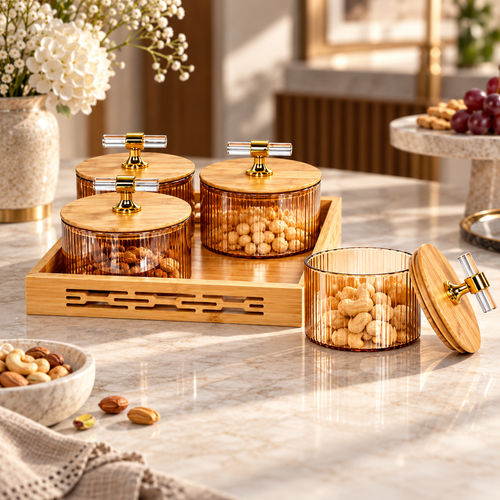 5 Piece Amber Glass Storage & Serving Tray Set