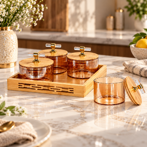 5 Piece Amber Glass Storage & Serving Tray Set