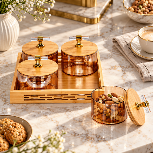 5 Piece Amber Glass Storage & Serving Tray Set