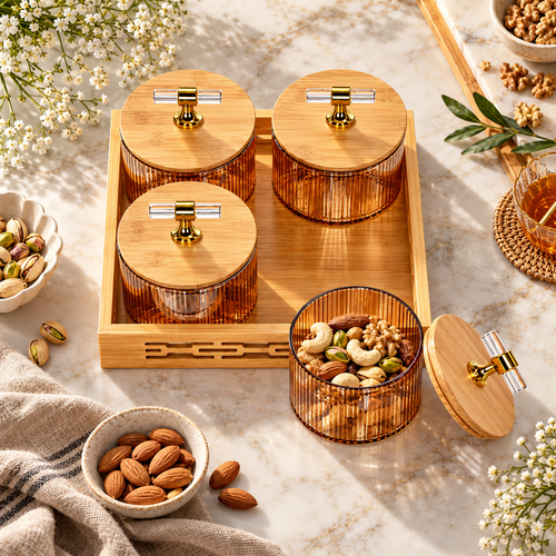 5 Piece Amber Glass Storage & Serving Tray Set