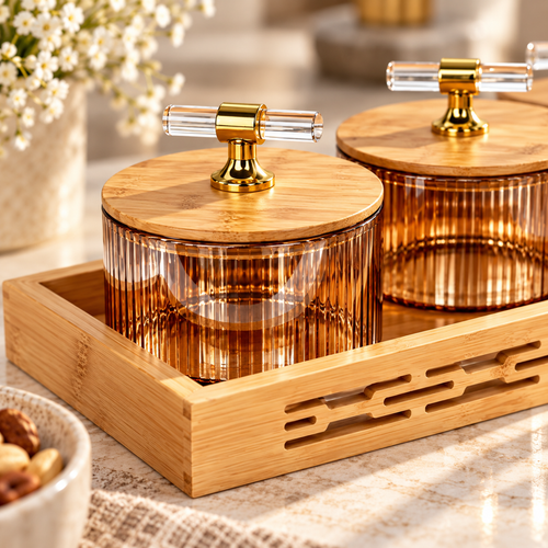 5 Piece Amber Glass Storage & Serving Tray Set