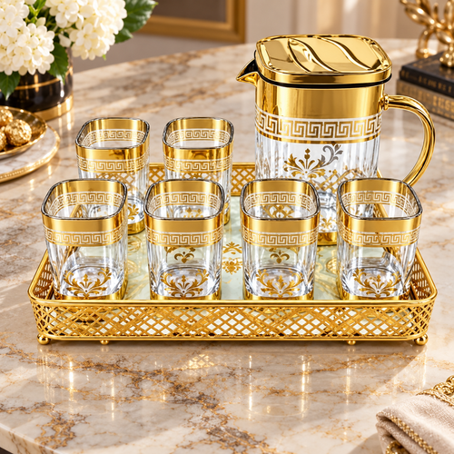 Modern Gold Glass Pitcher and Tumbler 8 Piece Set