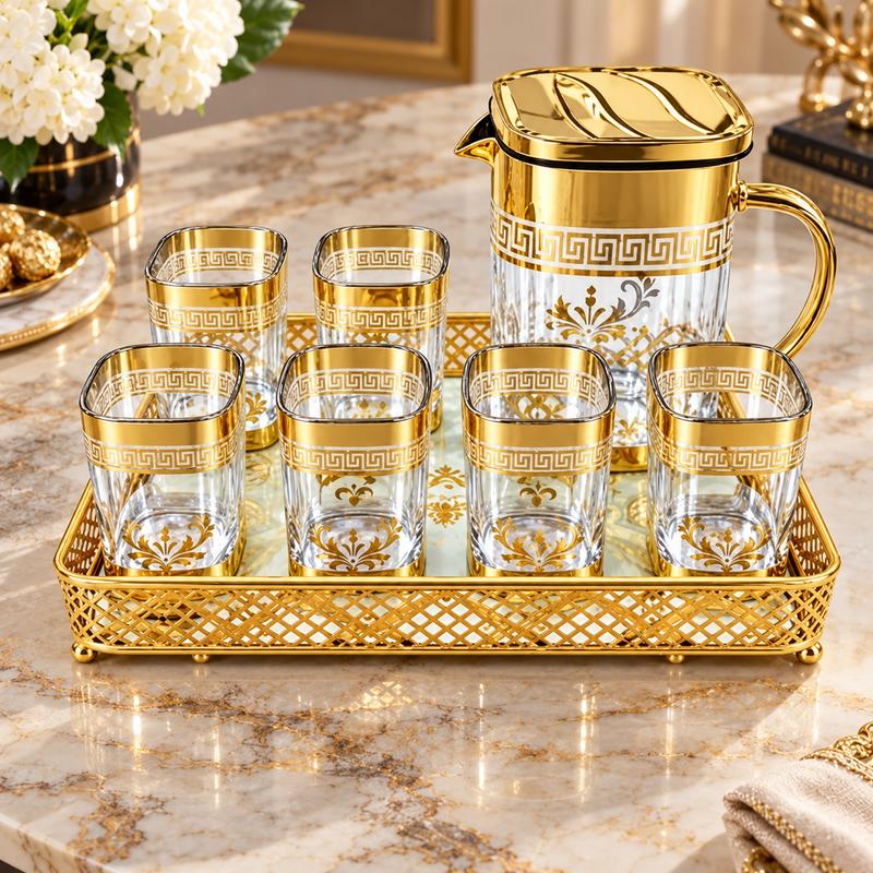 Modern Gold Glass Pitcher and Tumbler 8 Piece Set