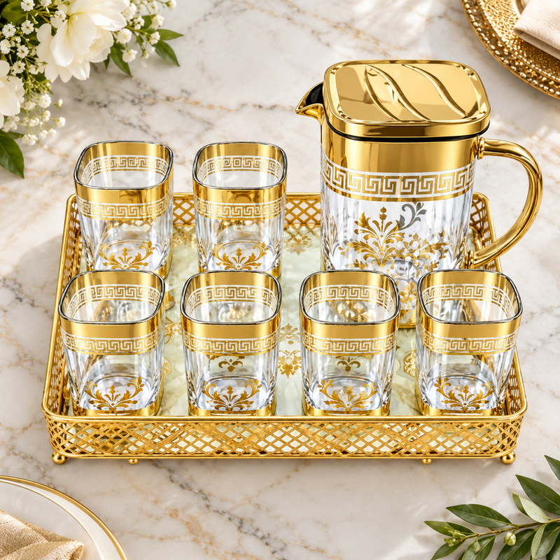 Modern Gold Glass Pitcher and Tumbler 8 Piece Set