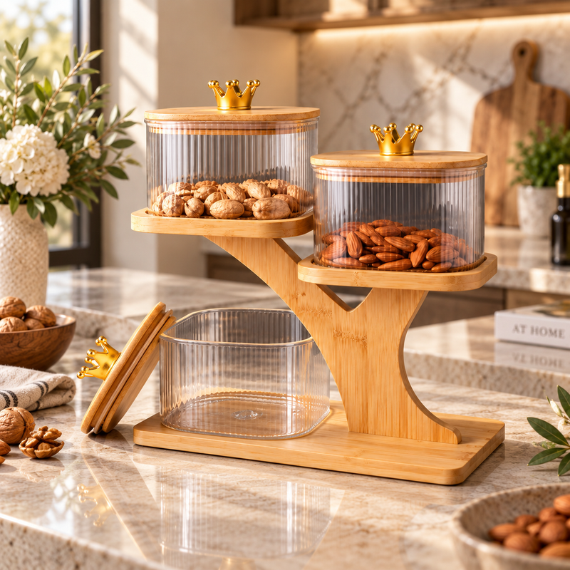 Modern Glass Canister Set with Gold Crown Lids and Stand 4 Piece
