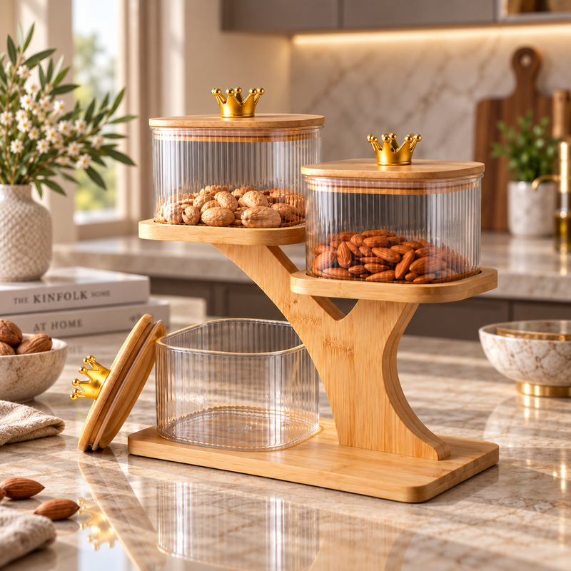 Modern Glass Canister Set with Gold Crown Lids and Stand 4 Piece