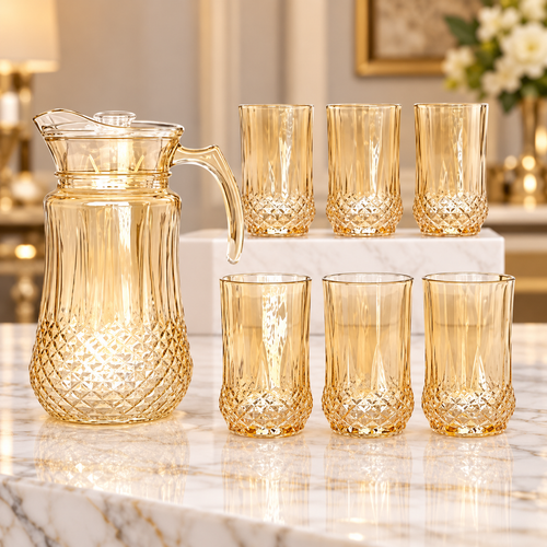 Modern Golden Textured Jug and Glass 7 Piece Set