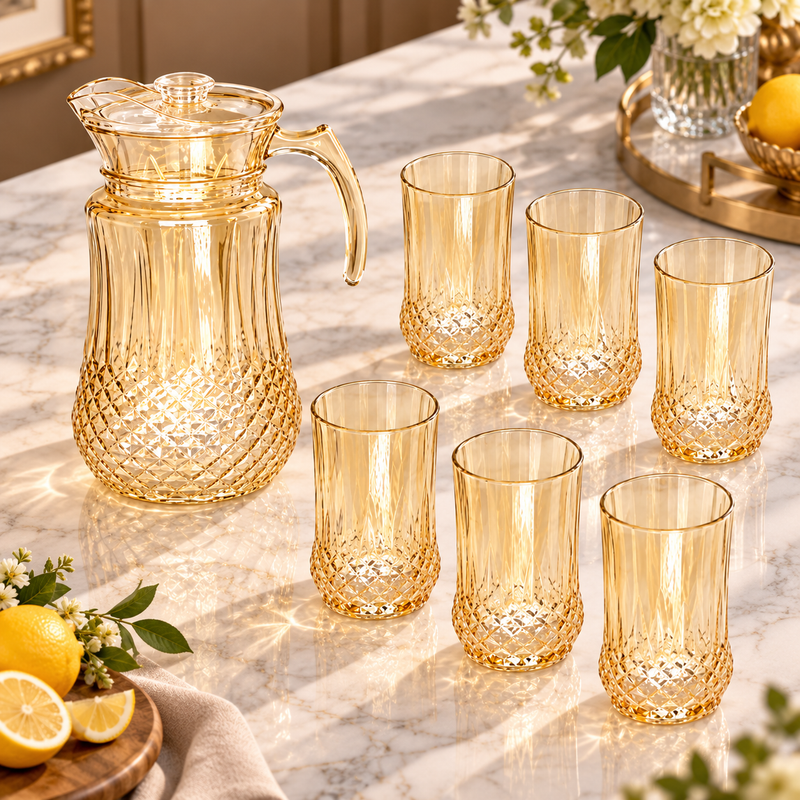 Modern Golden Textured Jug and Glass 7 Piece Set