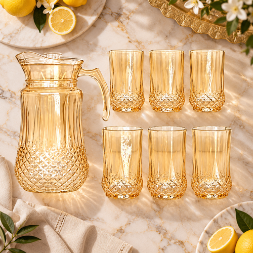 Modern Golden Textured Jug and Glass 7 Piece Set