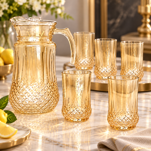 Modern Golden Textured Jug and Glass 7 Piece Set