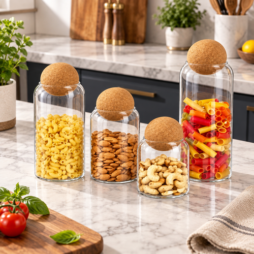 Modern Glass Storage Jar with Cork Balls 4 Piece Set