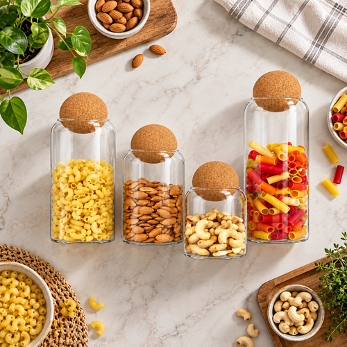 Modern Glass Storage Jar with Cork Balls 4 Piece Set