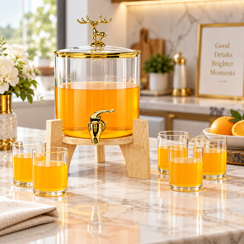 Modern Glass Dispenser and Cups 7 Piece