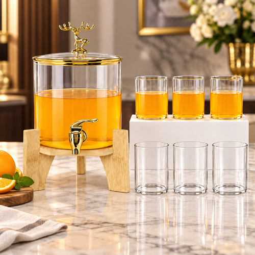 Modern Glass Dispenser and Cups 7 Piece
