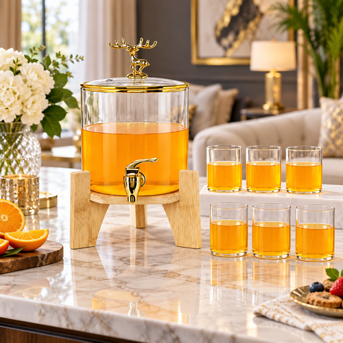 Modern Glass Dispenser and Cups 7 Piece
