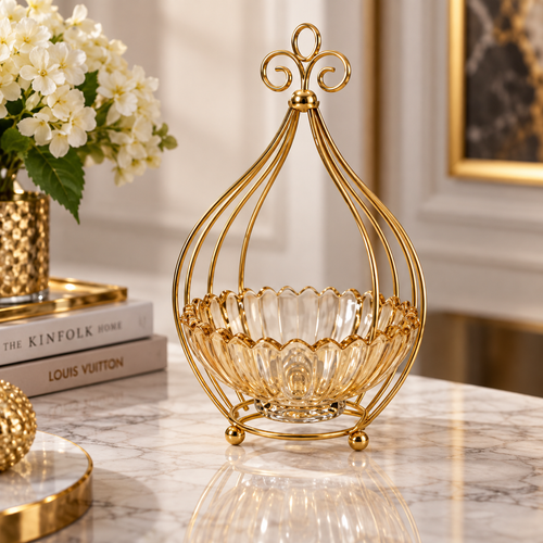 Modern Gold Wire Stand with Glass Fruit Bowl