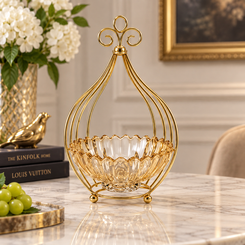 Modern Gold Wire Stand with Glass Fruit Bowl