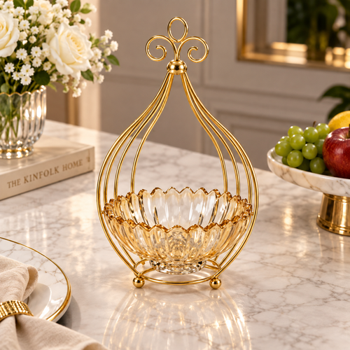 Modern Gold Wire Stand with Glass Fruit Bowl