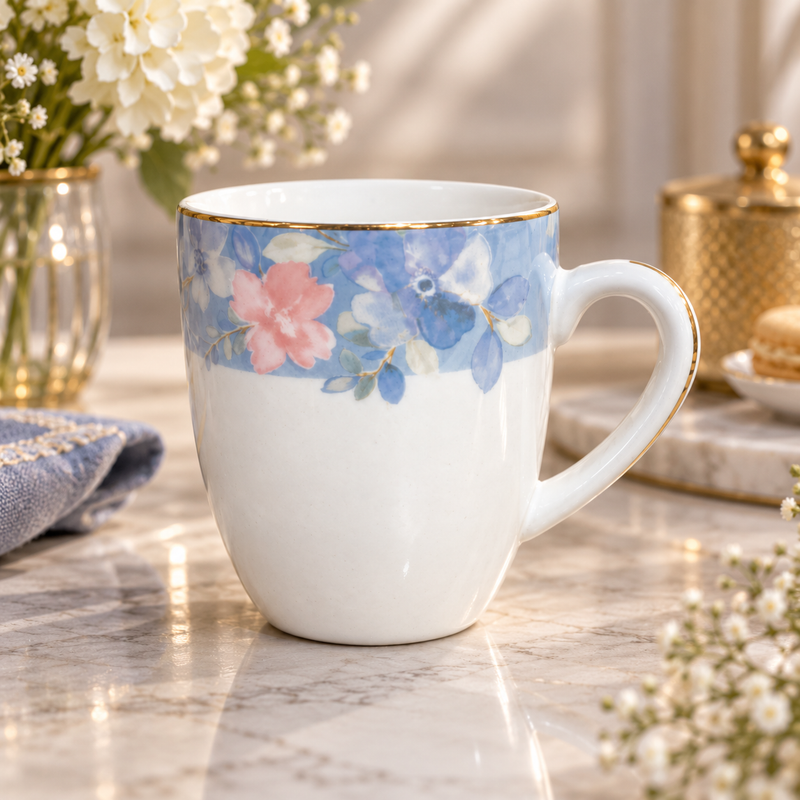 Modern Peach and Blue Floral Mug 6 Piece Set