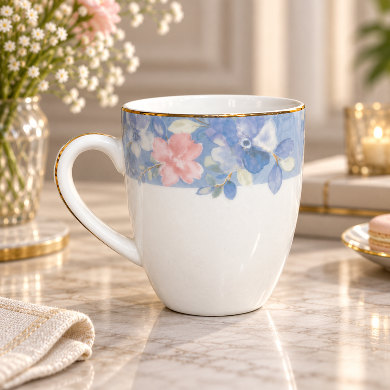 Modern Peach and Blue Floral Mug 6 Piece Set
