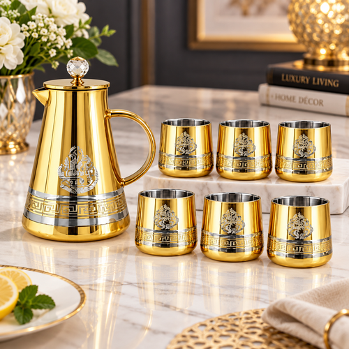 Modern Gold Glass Jug and Tumbler 7 Piece Set