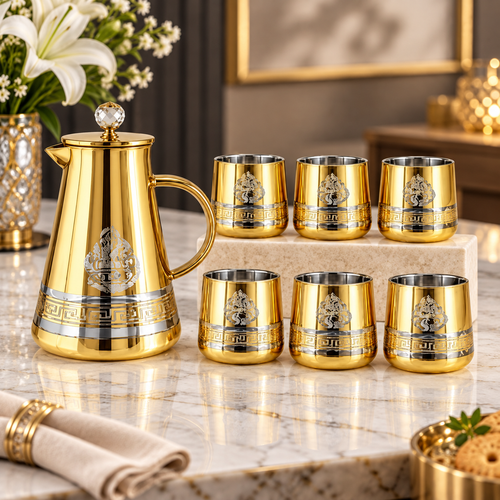 Modern Gold Glass Jug and Tumbler 7 Piece Set