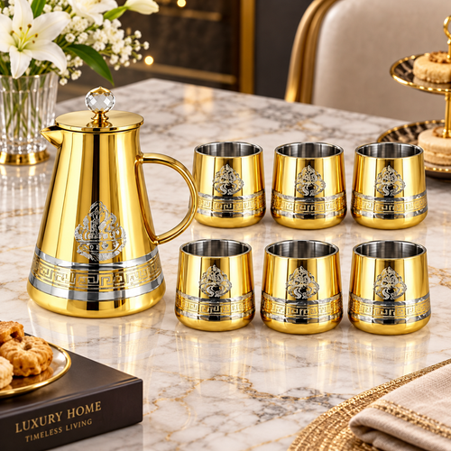 Modern Gold Glass Jug and Tumbler 7 Piece Set