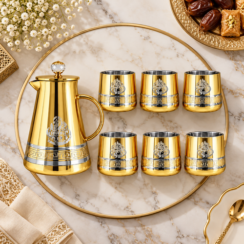 Modern Gold Glass Jug and Tumbler 7 Piece Set